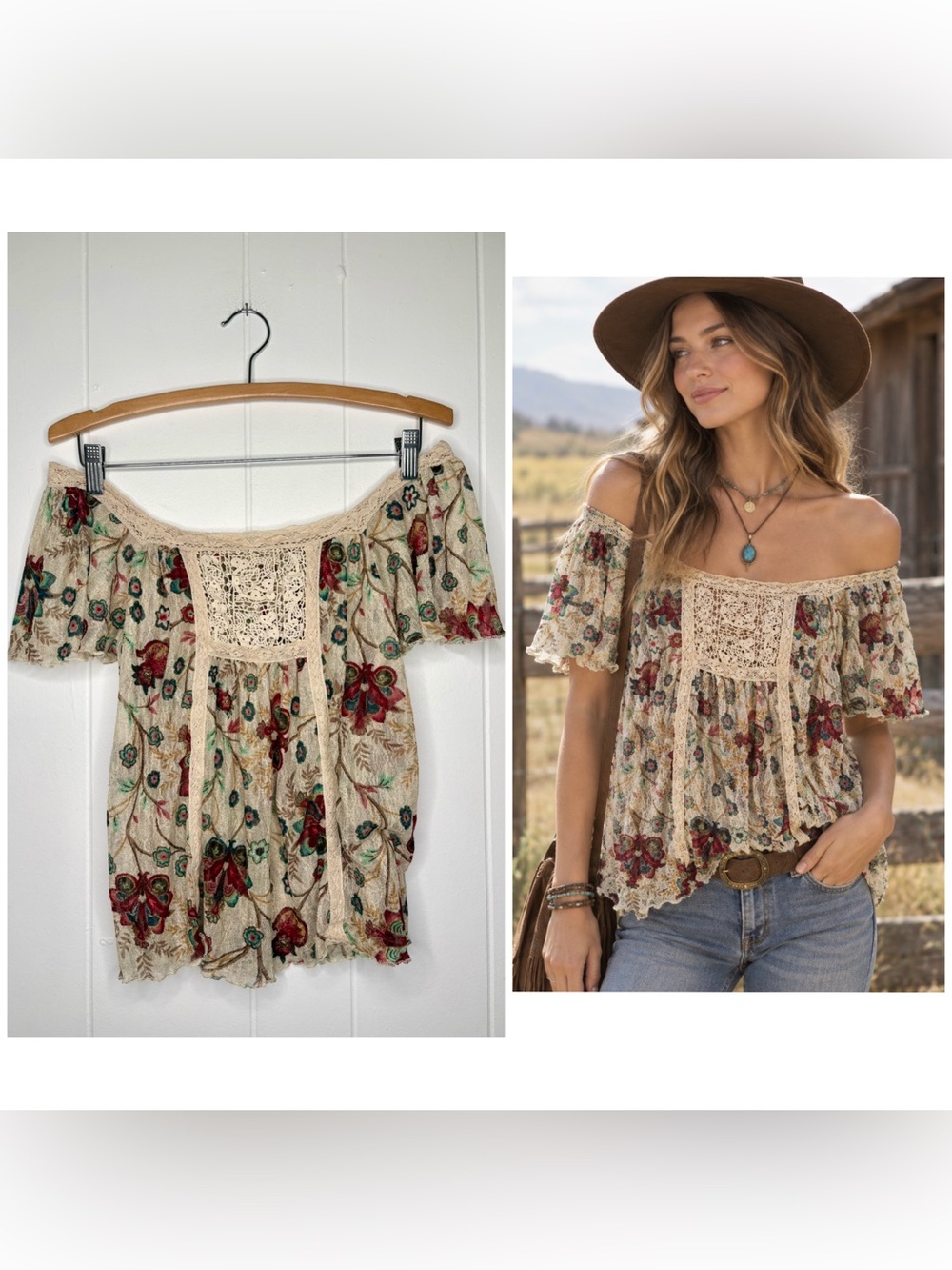 Ralph Lauren Denim & Supply Floral Crochet  Lace-trim Top Bohemian Western Small